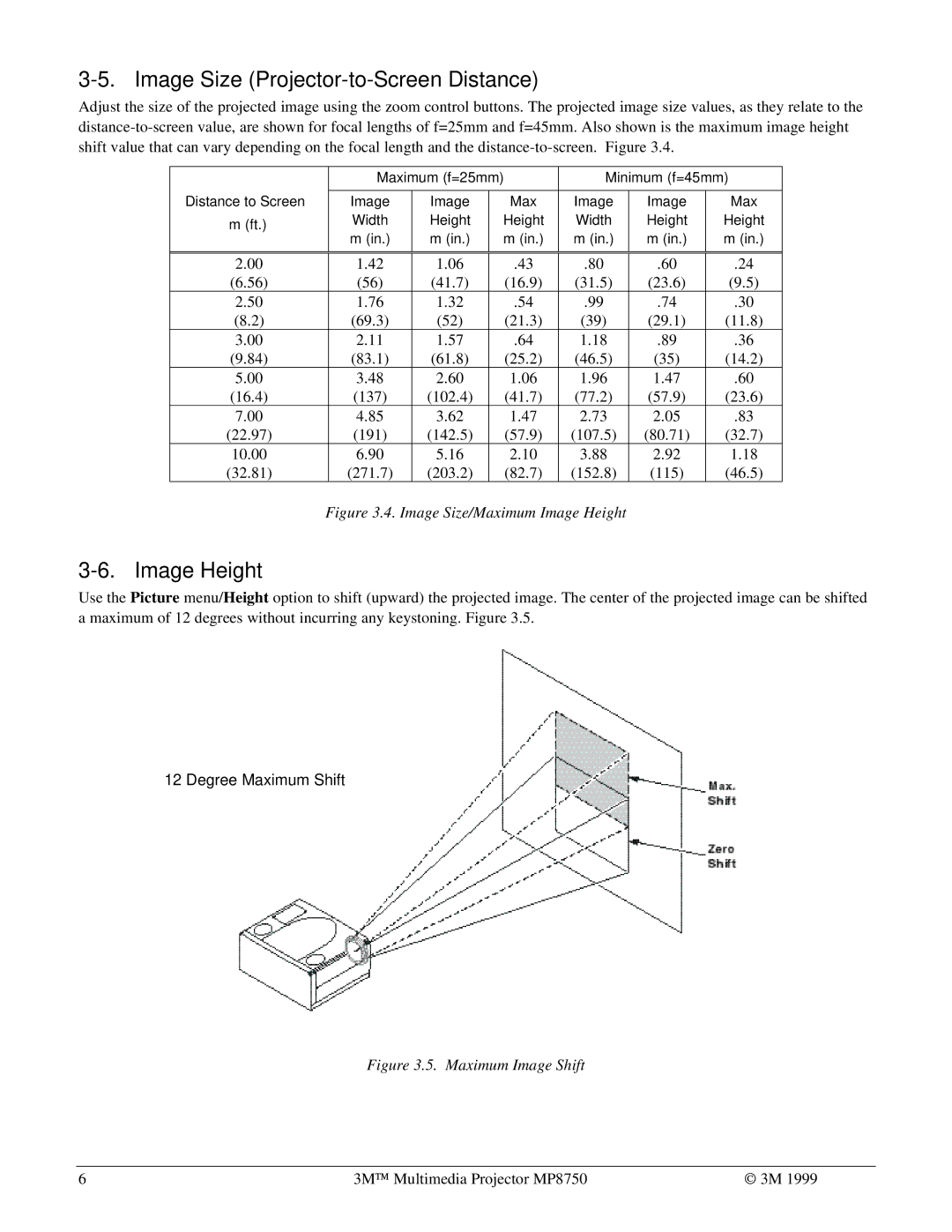 3M MP8750 manual Image Size Projector-to-Screen Distance, Image Height, Maximum f=25mm Minimum f=45mm Distance to Screen 