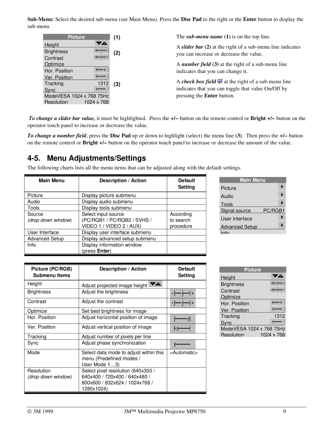 3M MP8750 manual Menu Adjustments/Settings, Main Menu Description / Action Default Setting 