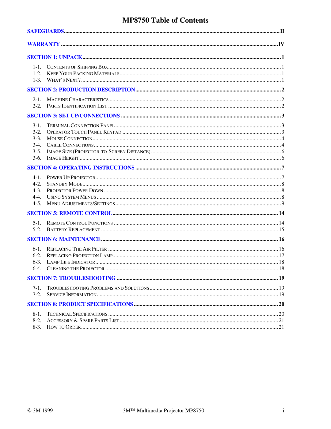 3M manual MP8750 Table of Contents 