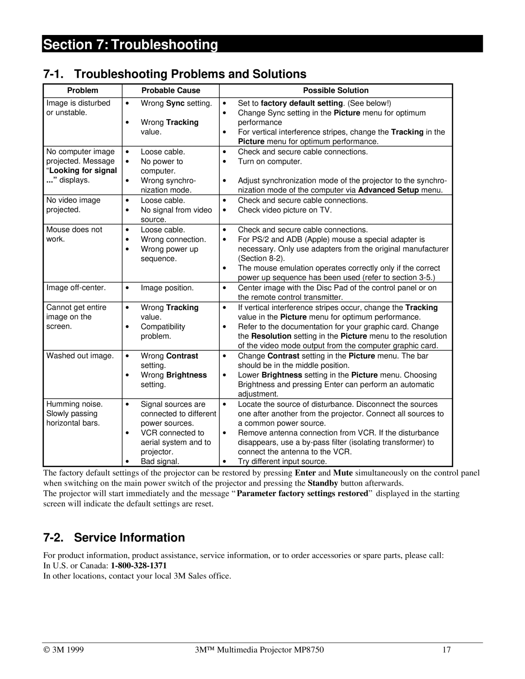 3M MP8750 manual Troubleshooting Problems and Solutions, Service Information 
