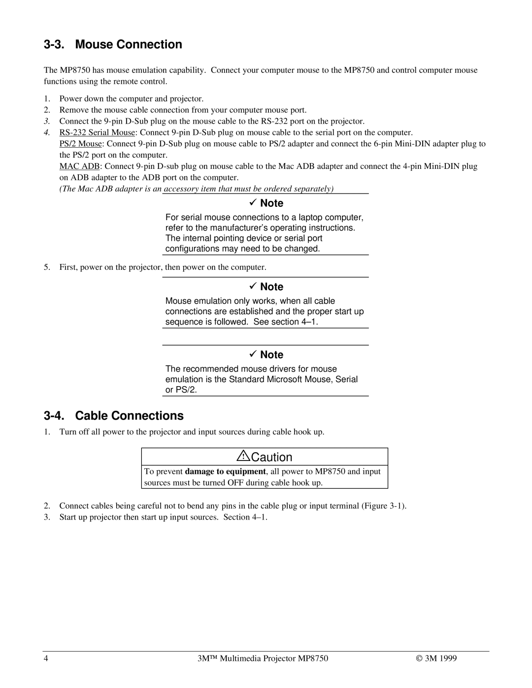 3M MP8750 manual Mouse Connection, Cable Connections 