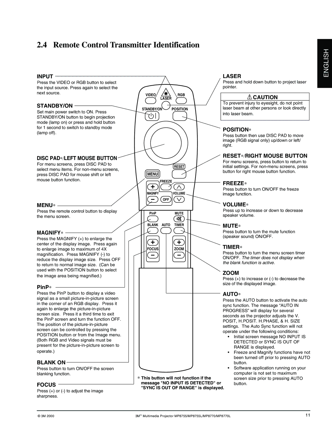 3M MP8770/MP8770L, MP8755/MP8755L manual Remote Control Transmitter Identification, PinP∗ 