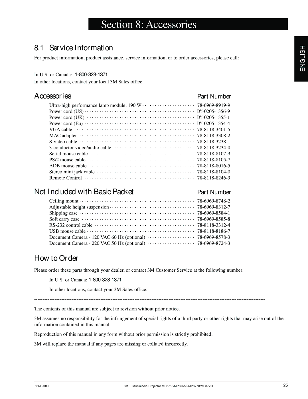 3M MP8770/MP8770L, MP8755/MP8755L manual Accessories, Service Information, Not Included with Basic Packet, How to Order 