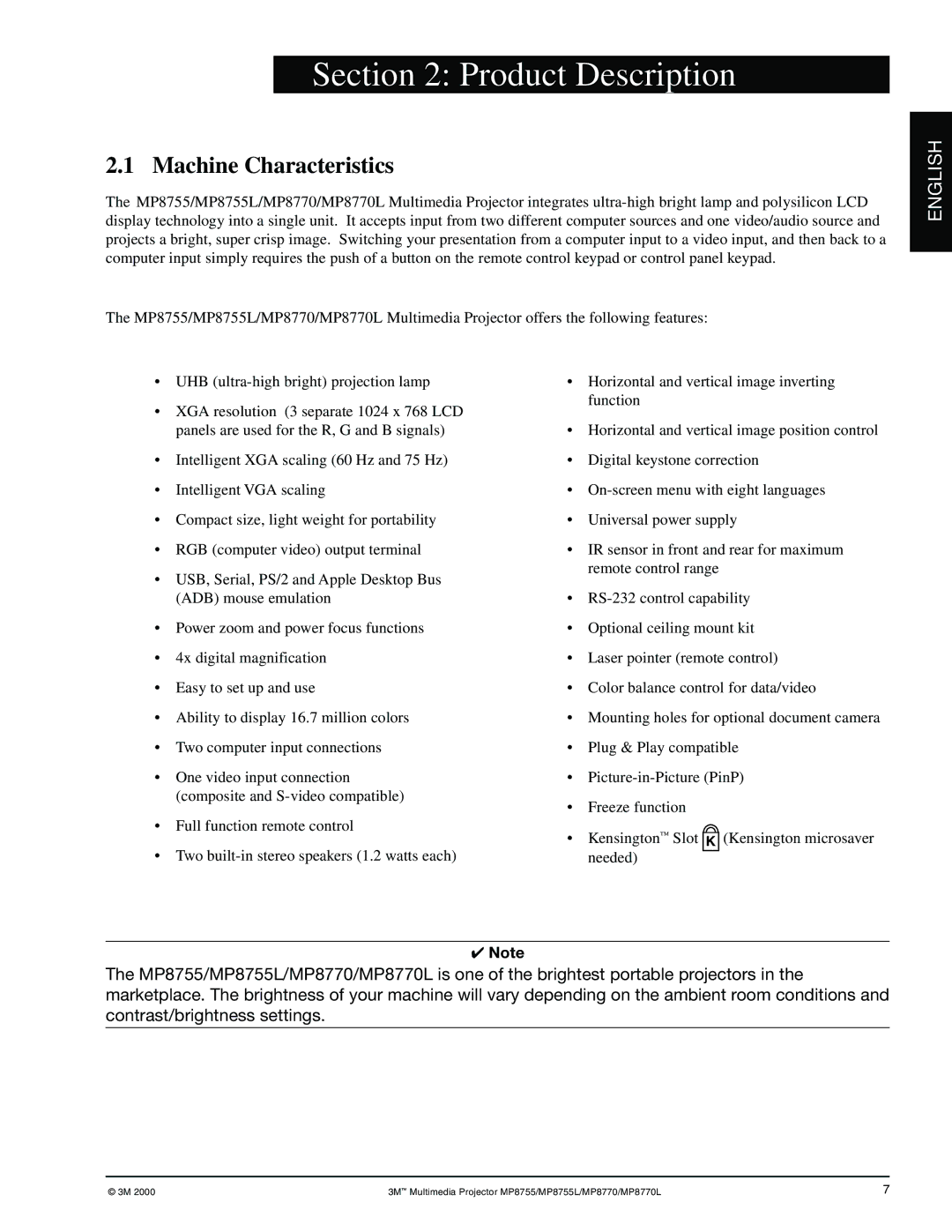 3M MP8770/MP8770L, MP8755/MP8755L manual Product Description, Machine Characteristics 