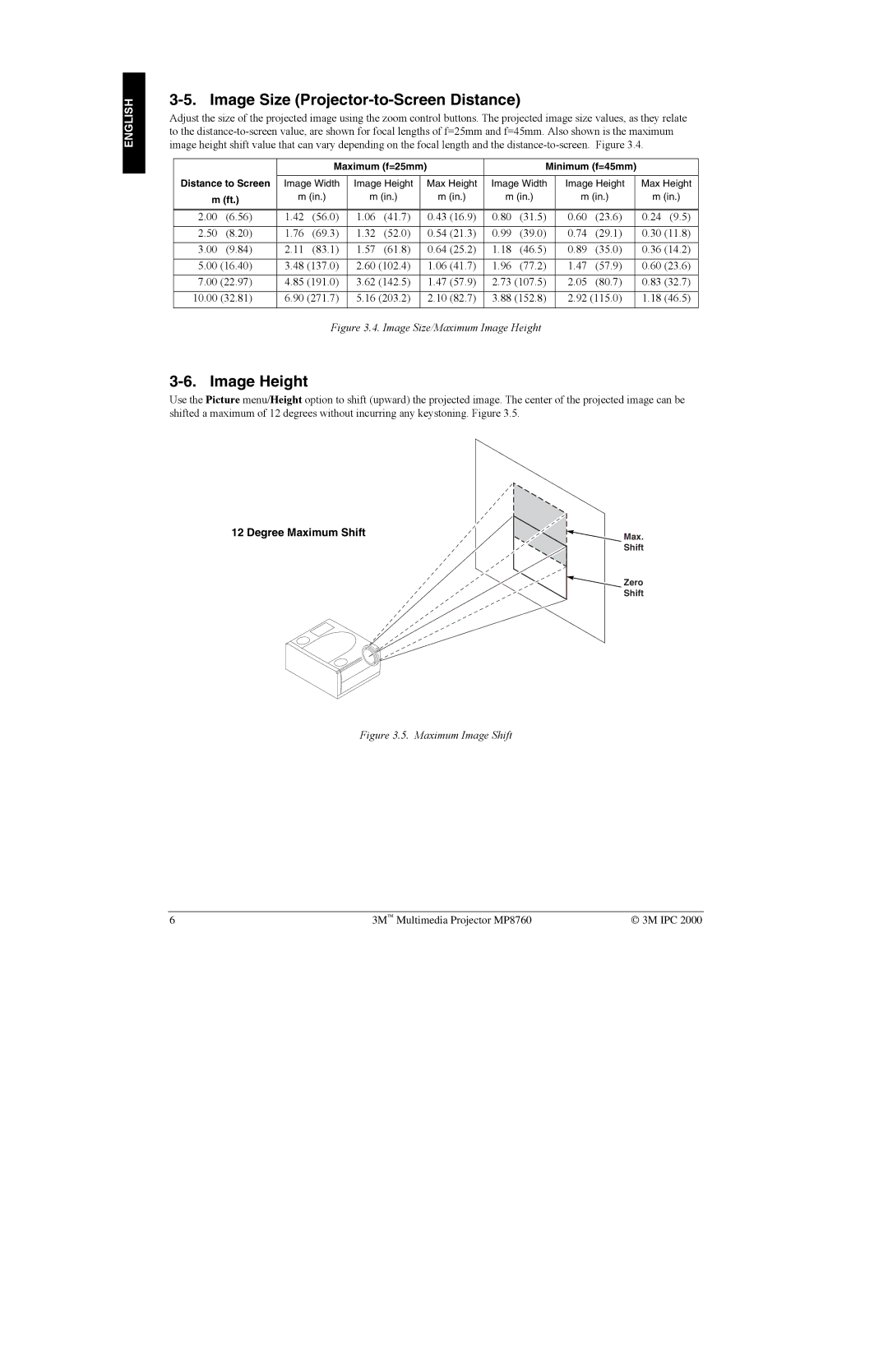 3M MP8760 manual Image Size Projector-to-Screen Distance, Image Height, Maximum f=25mm Minimum f=45mm 