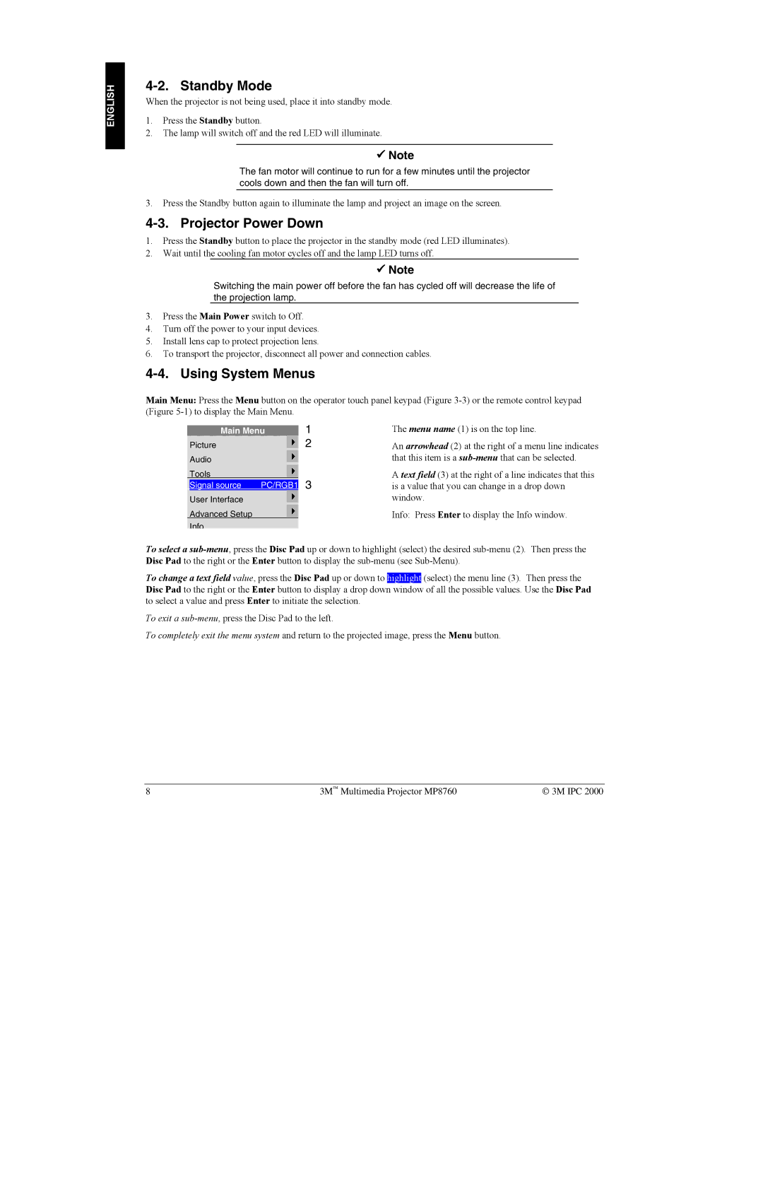 3M MP8760 manual Standby Mode, Projector Power Down, Using System Menus 