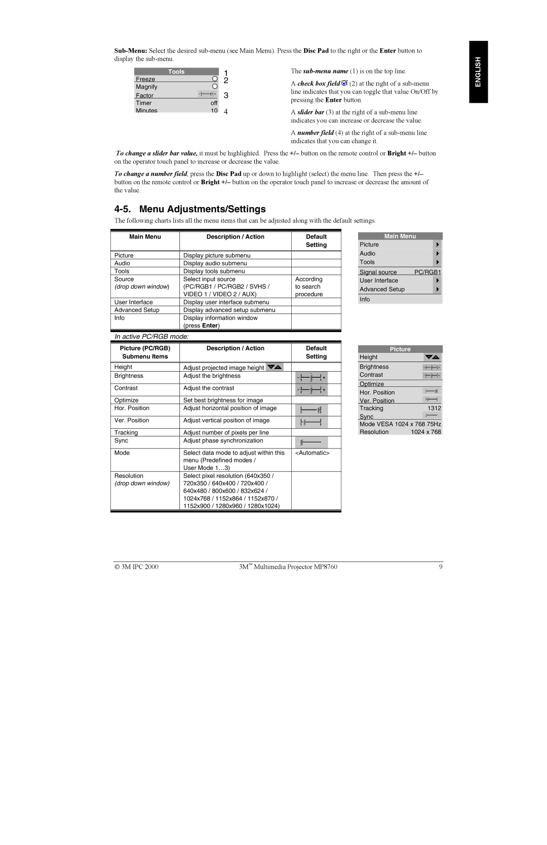 3M MP8760 manual Menu Adjustments/Settings, Main Menu Description / Action Default Setting 