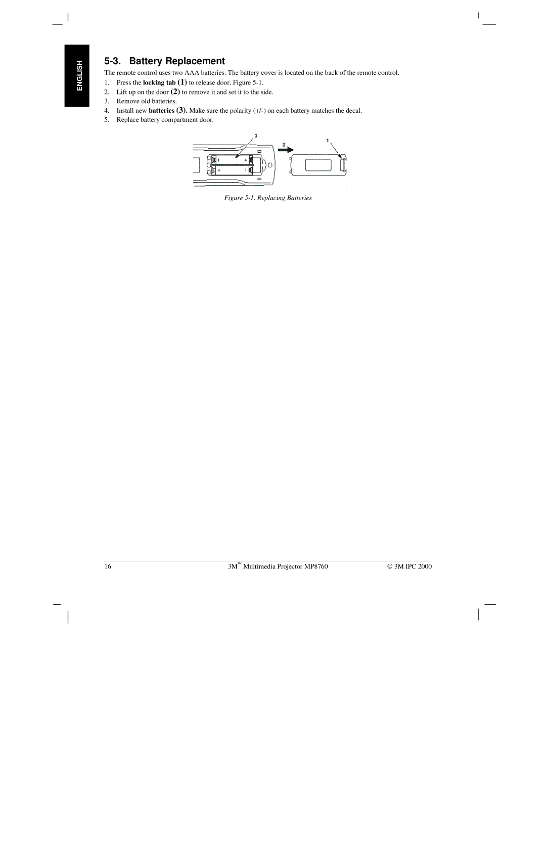 3M MP8760 manual Battery Replacement, Replacing Batteries 