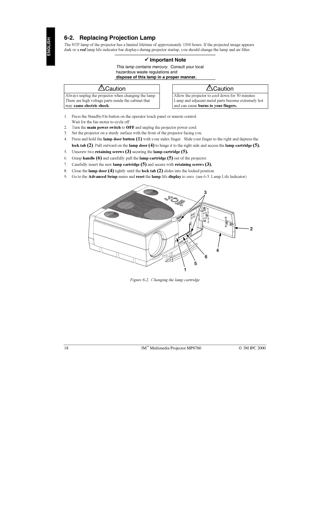 3M MP8760 manual Replacing Projection Lamp, May cause electric shock Can cause burns to your fingers 