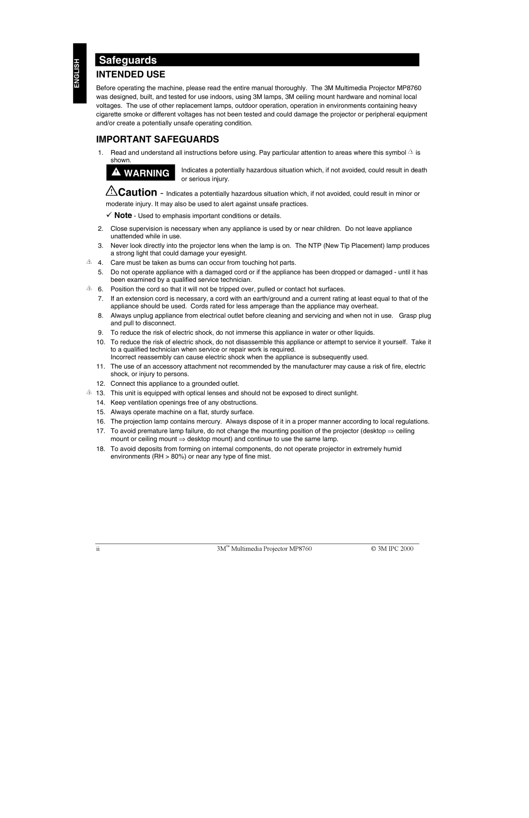 3M MP8760 manual Safeguards, Intended USE 