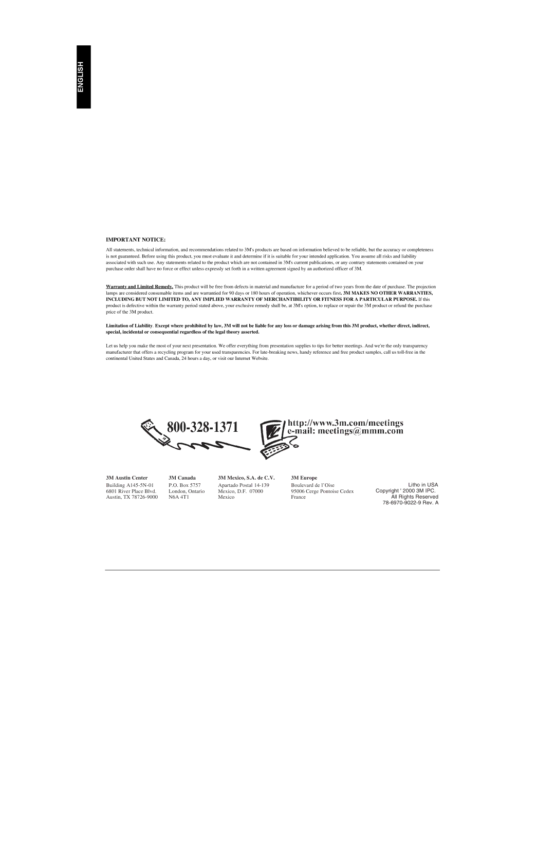 3M MP8760 manual Important Notice 