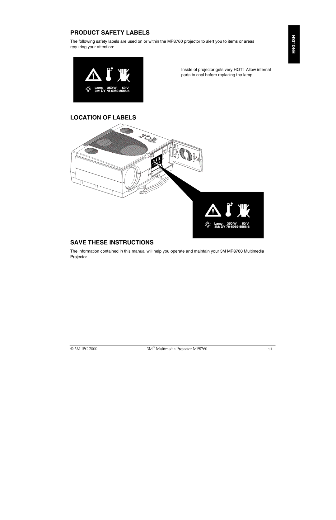 3M MP8760 manual Product Safety Labels 