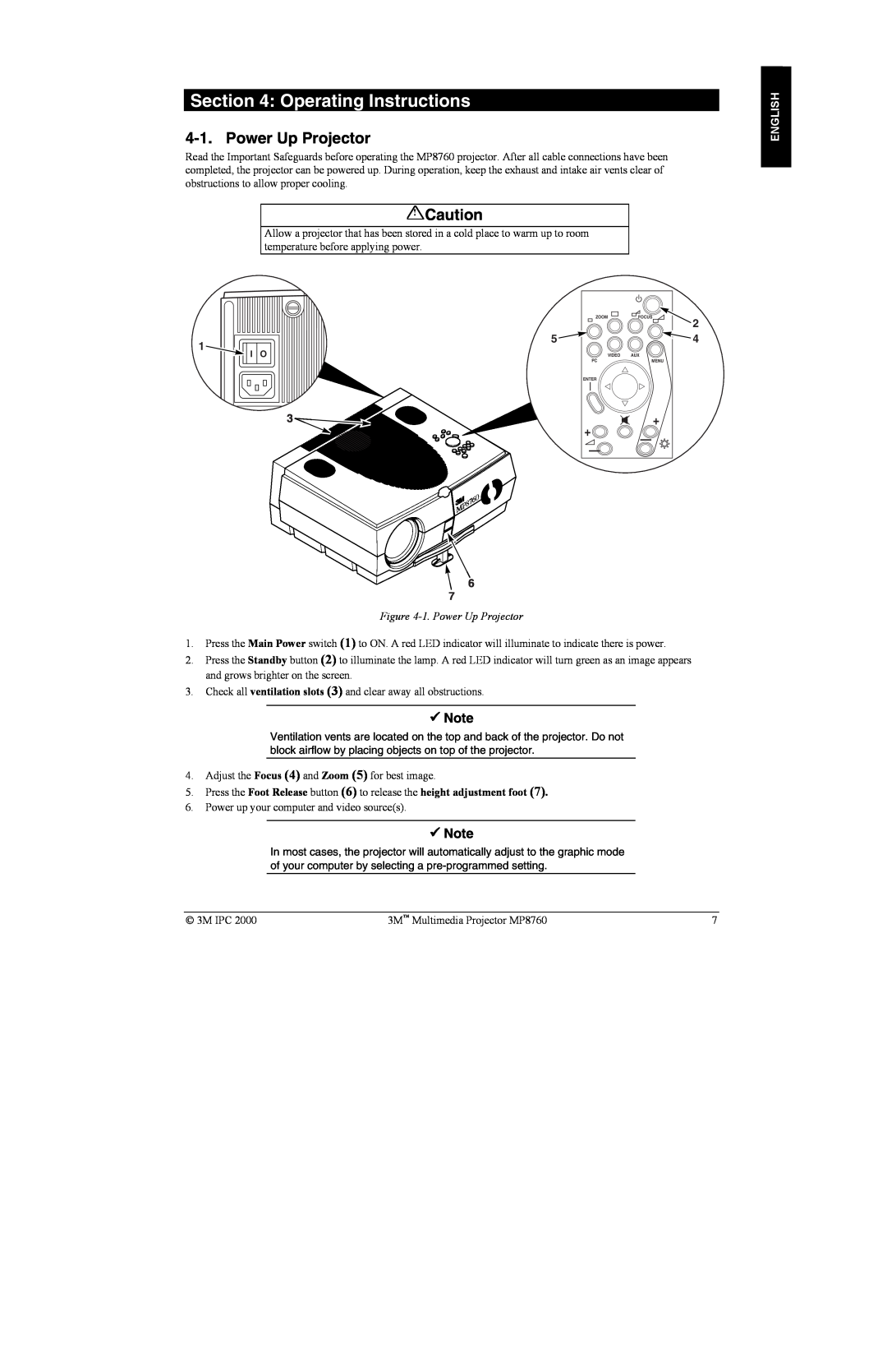 3M MP8760 manual Operating Instructions, 1. Power Up Projector, English 