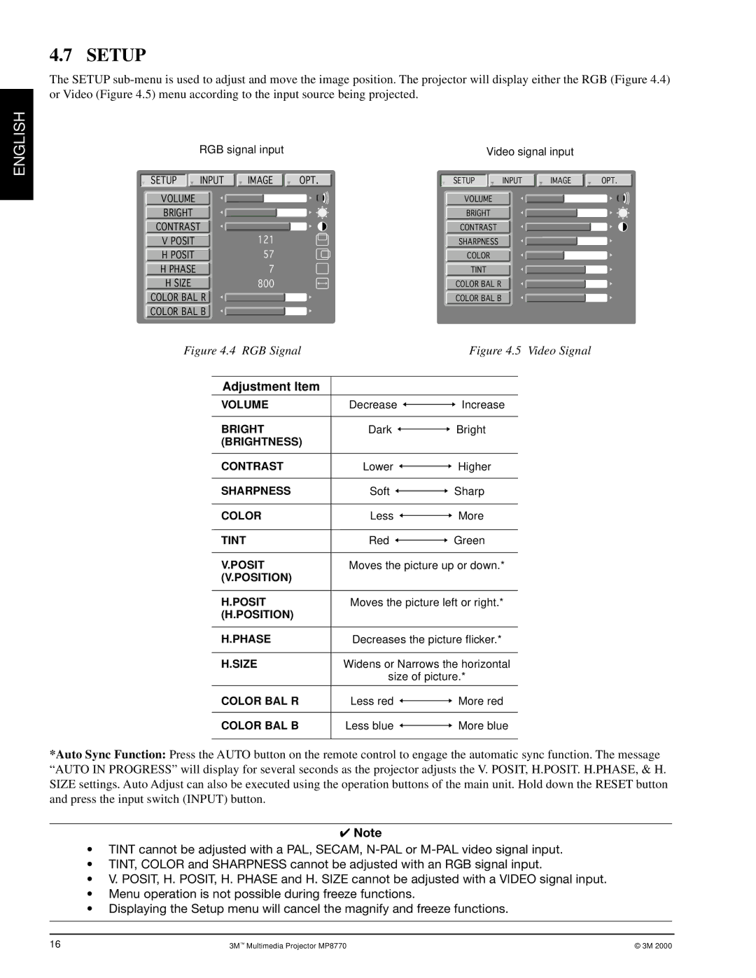 3M MP8770 manual Setup, Adjustment Item 