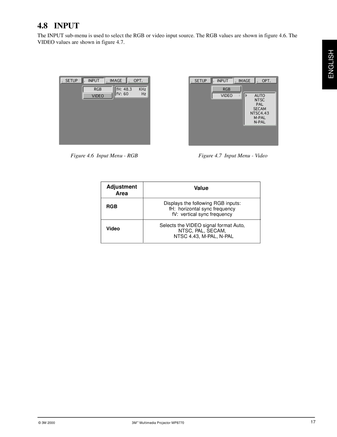 3M MP8770 manual Input, Adjustment Value Area 