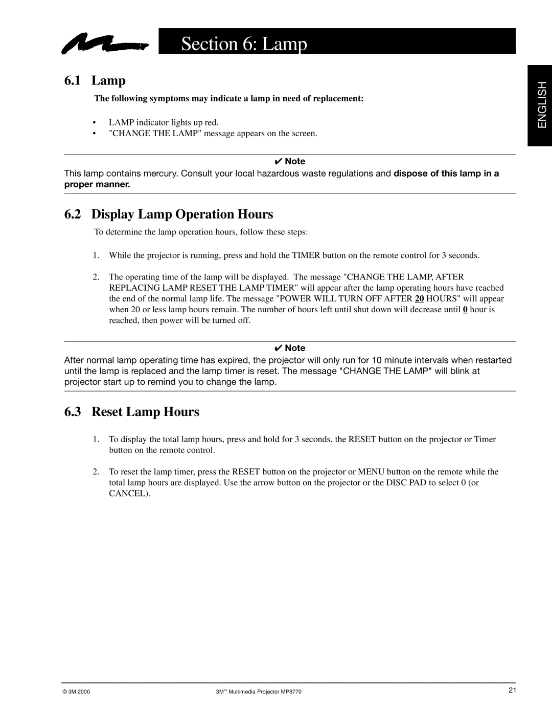 3M MP8770 manual Display Lamp Operation Hours, Reset Lamp Hours, Proper manner 