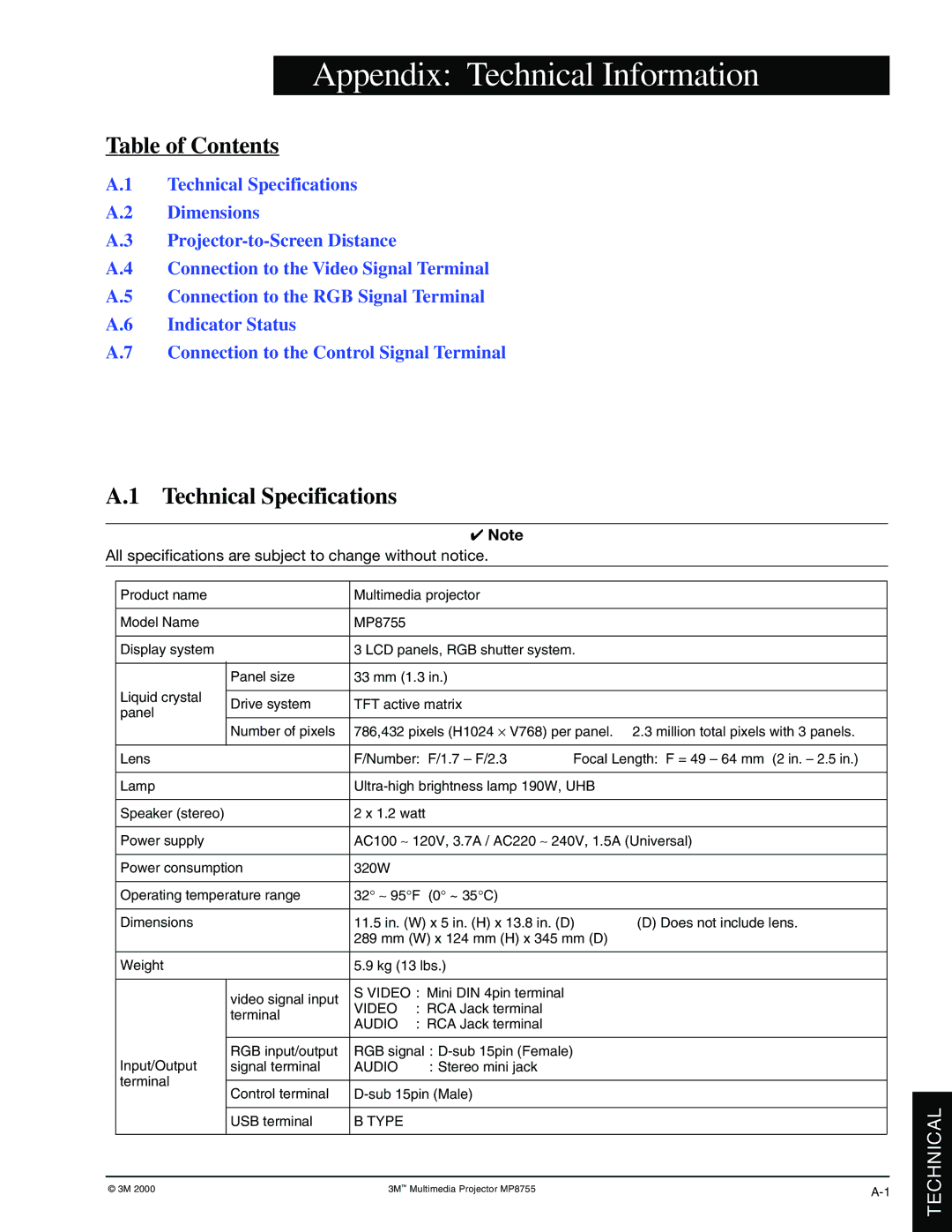 3M MP8770 manual Appendix Technical Information, Table of Contents, Technical Specifications 