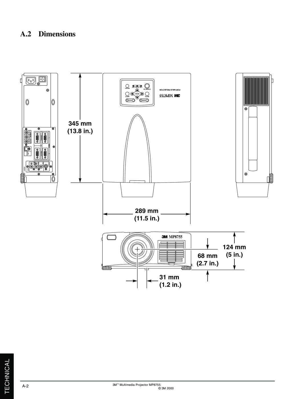 3M MP8770 manual Dimensions, MP8755 