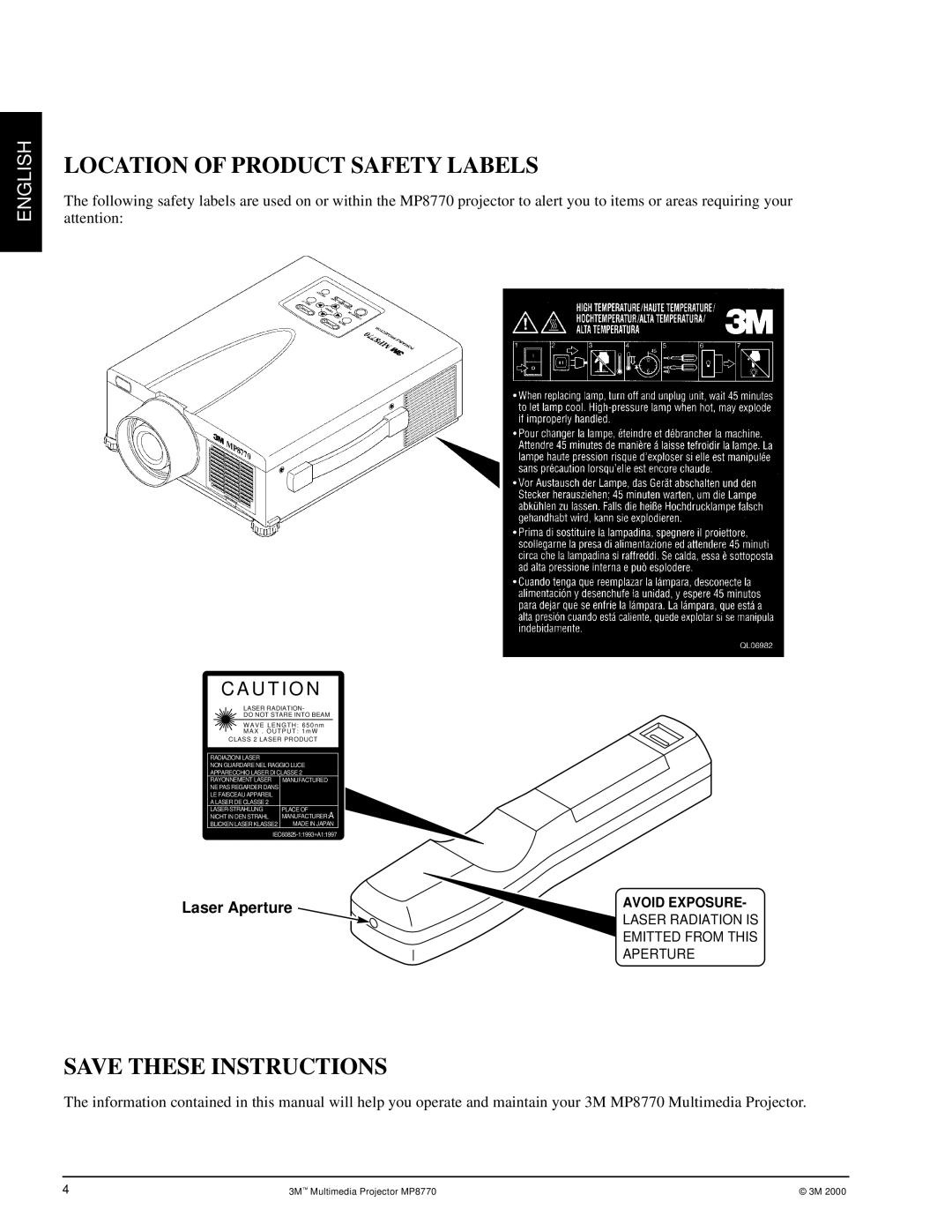 3M MP8770 manual Location of Product Safety Labels, Laser Aperture 