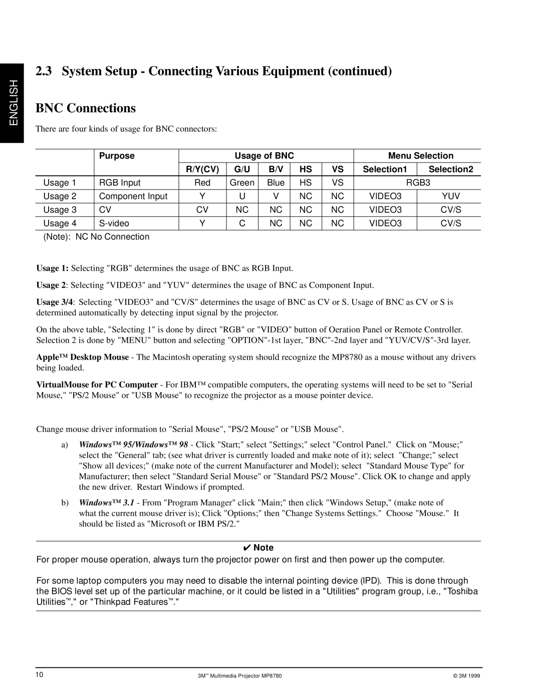 3M MP8780 manual System Setup Connecting Various Equipment BNC Connections, Ycv 