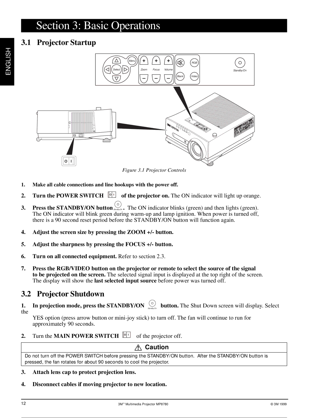 3M MP8780 manual Basic Operations, Projector Startup, Projector Shutdown 