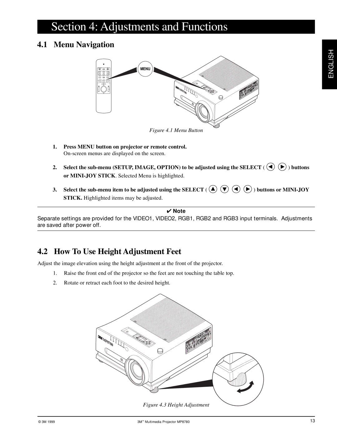 3M MP8780 manual Adjustments and Functions, Menu Navigation, How To Use Height Adjustment Feet 