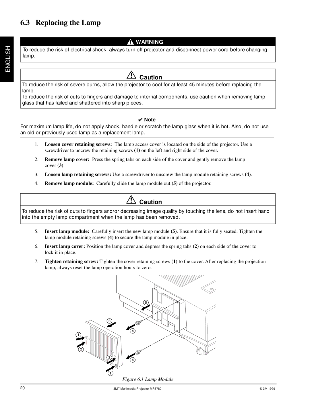 3M MP8780 manual Replacing the Lamp, Lamp Module 