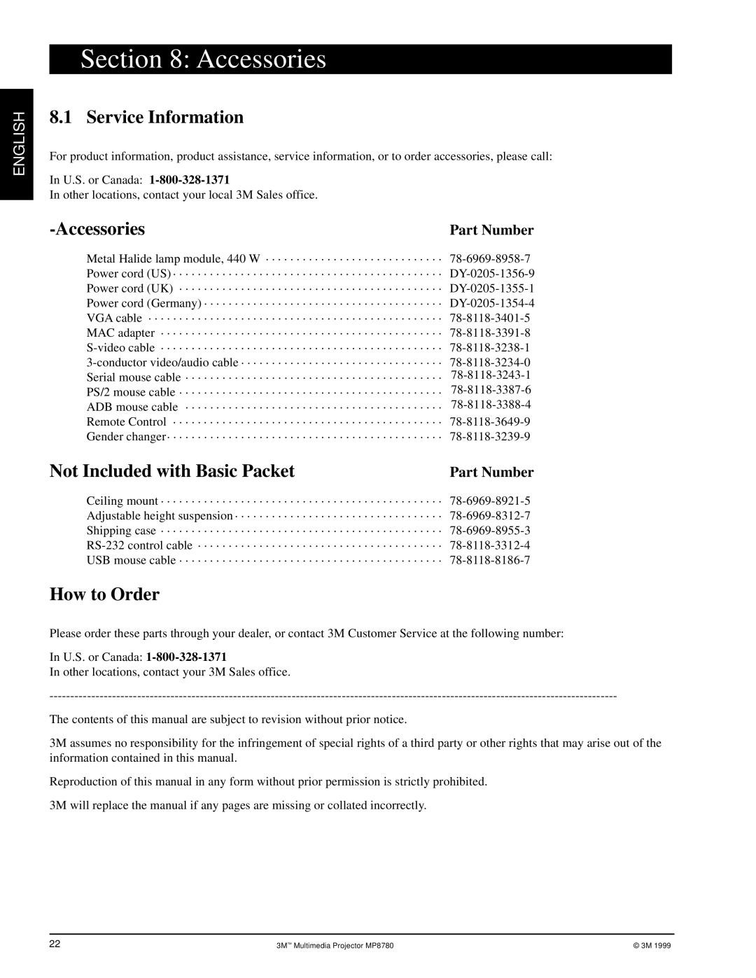 3M MP8780 manual Accessories, Service Information, Not Included with Basic Packet, How to Order 