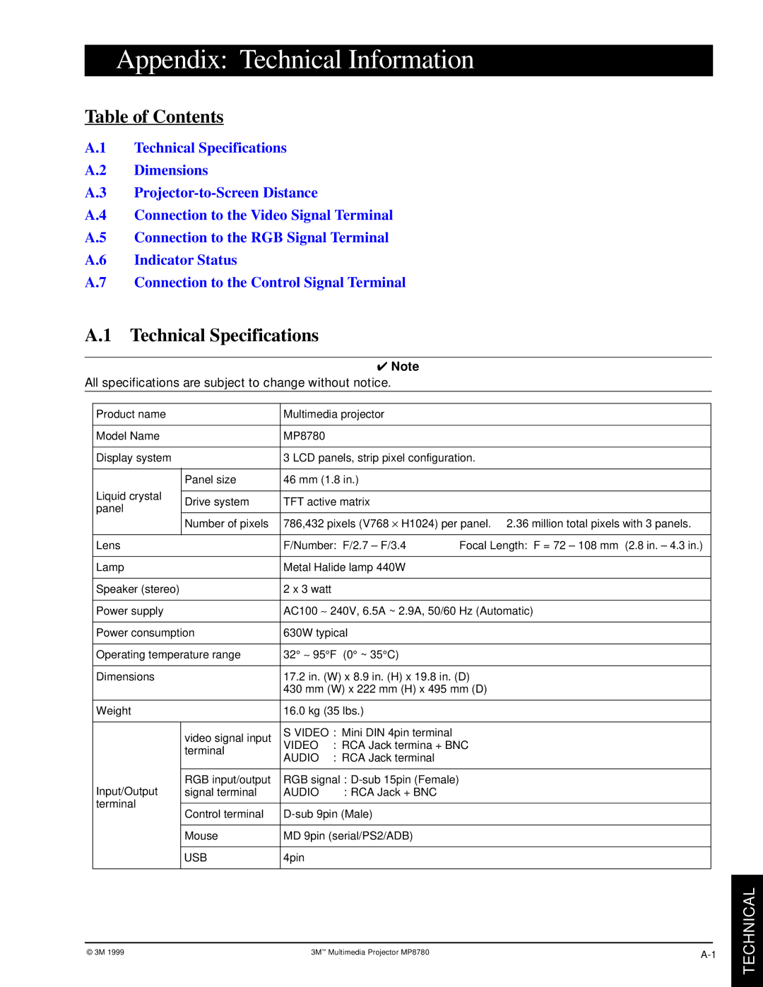 3M MP8780 manual Appendix Technical Information, Table of Contents, Technical Specifications 