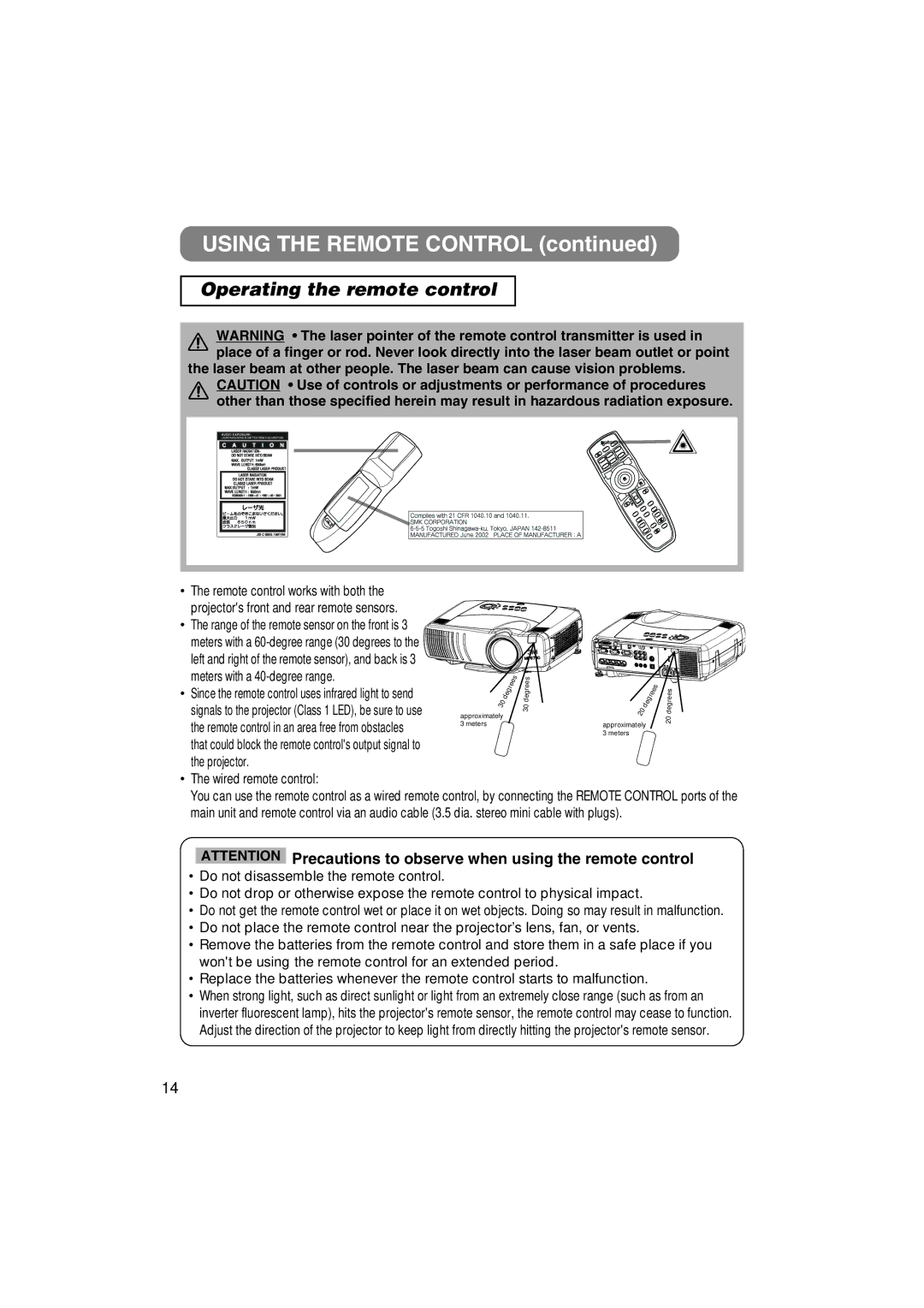 3M MP8790 manual Using the Remote Control, Operating the remote control, Meters with a 40-degree range 