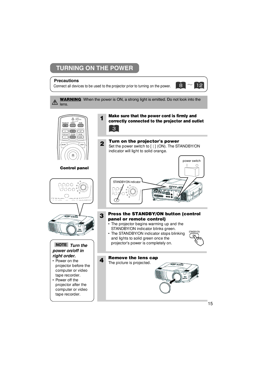 3M MP8790 manual Turning on the Power 