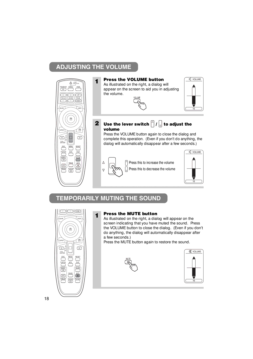 3M MP8790 manual Adjusting the Volume, Temporarily Muting the Sound, Press the Volume button, Press the Mute button 