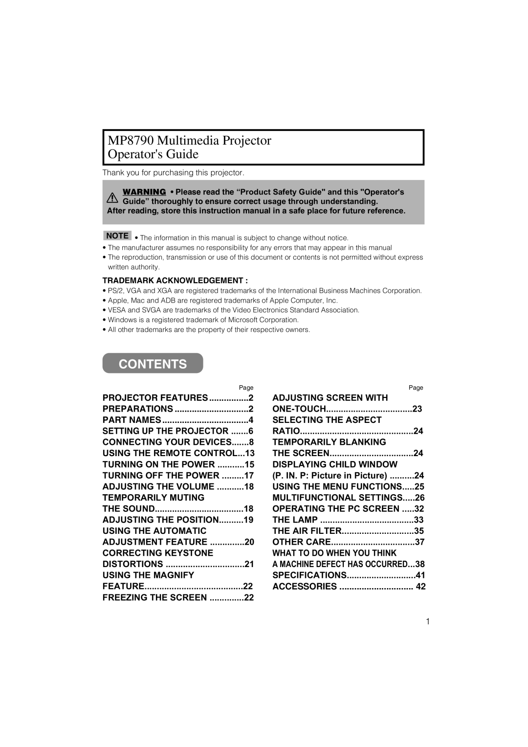 3M manual MP8790 Multimedia Projector Operators Guide, Contents 