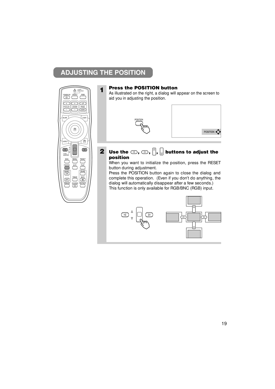 3M MP8790 manual Adjusting the Position, Press the Position button, Use the , , , buttons to adjust the position 