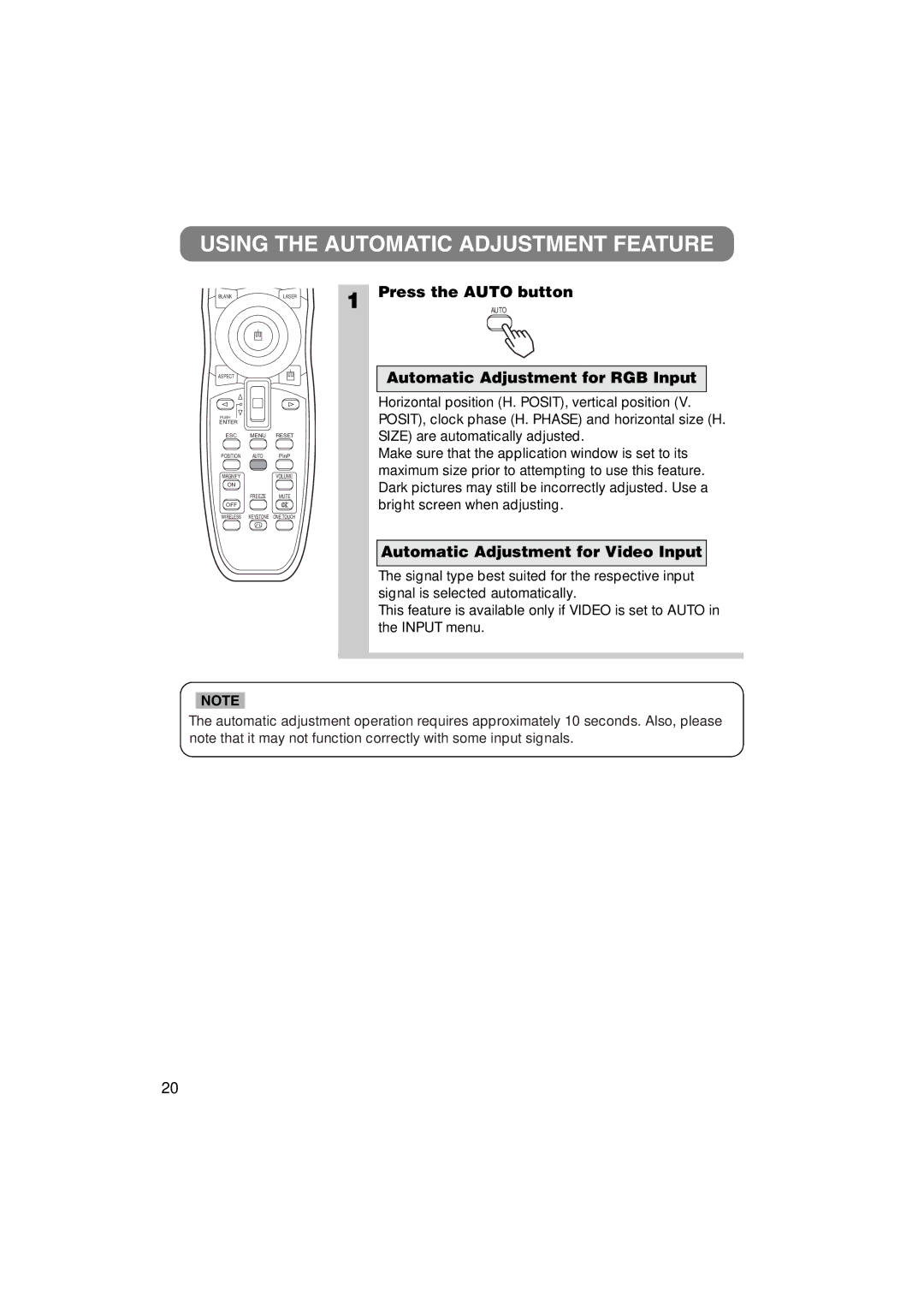 3M MP8790 manual Using the Automatic Adjustment Feature, Press the Auto button, Automatic Adjustment for RGB Input 