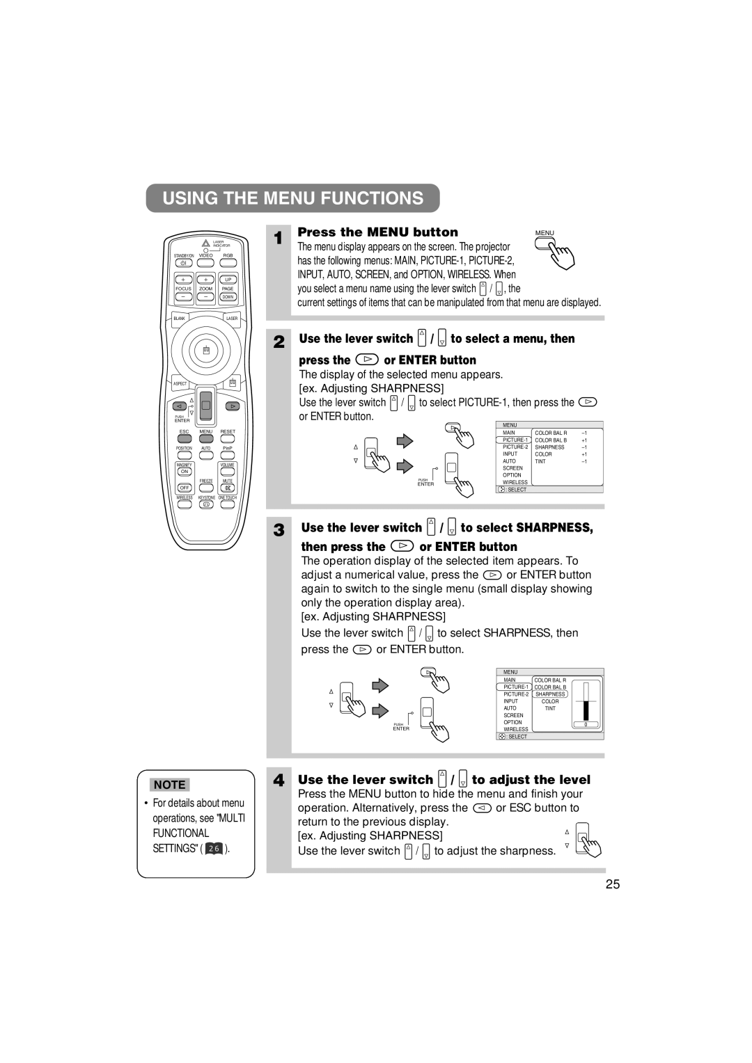 3M MP8790 manual Using the Menu Functions, Press the Menu button, Use the lever switch To adjust the level 