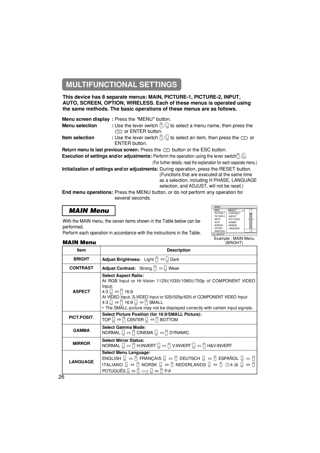 3M MP8790 manual Multifunctional Settings, Main Menu, Or Enter button 