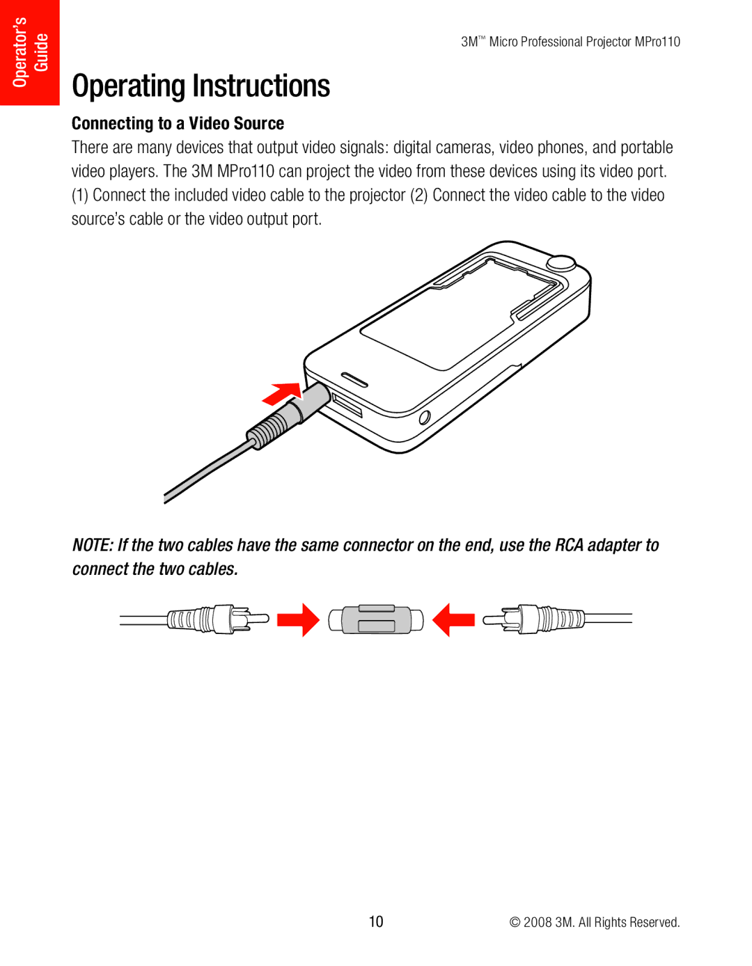 3M MPro110 manual Operating Instructions, Connecting to a Video Source 