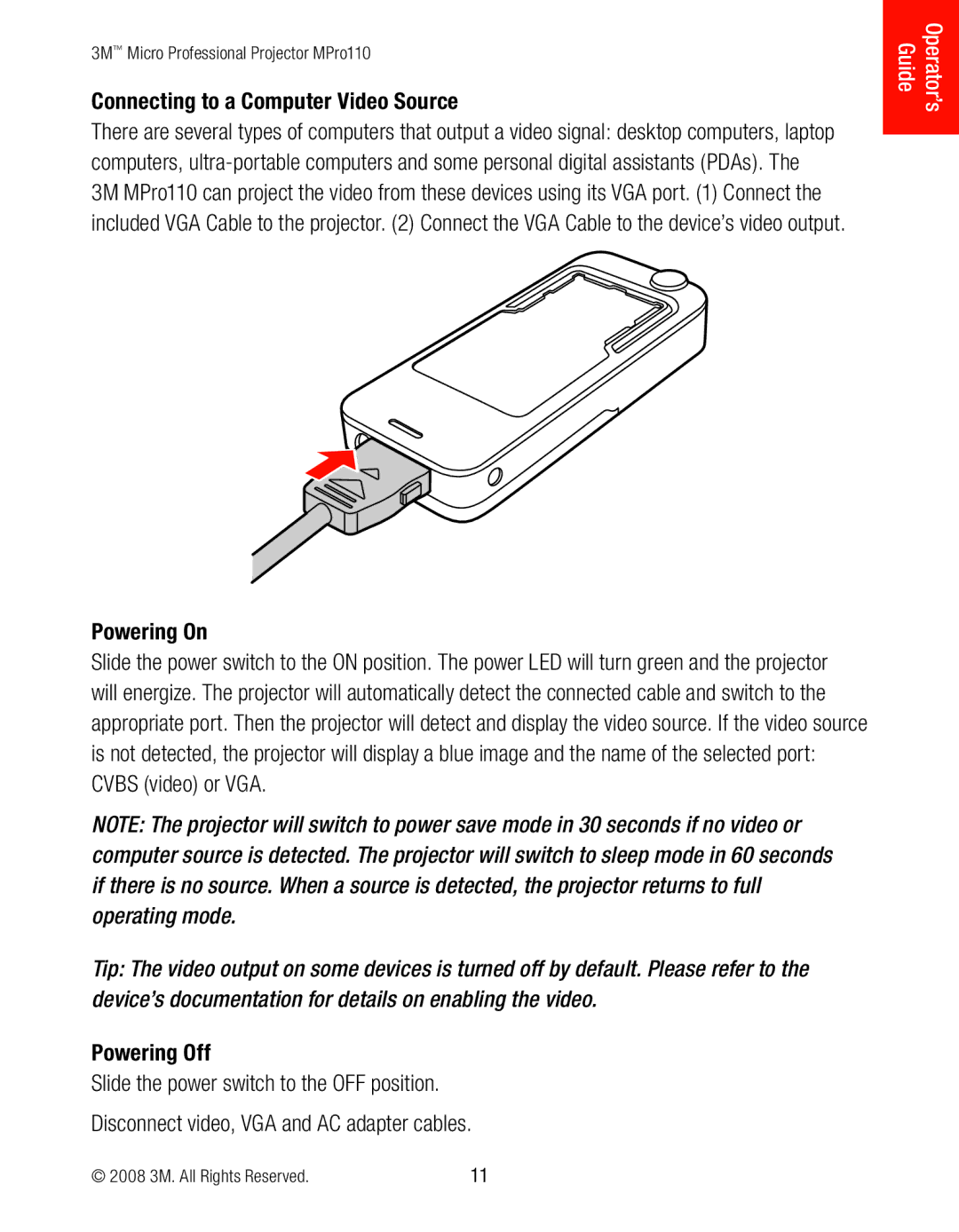 3M MPro110 manual Connecting to a Computer Video Source, Powering On, Powering Off 