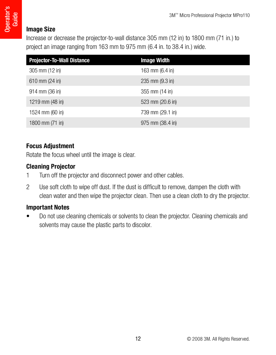 3M MPro110 manual Image Size, Focus Adjustment, Cleaning Projector, Important Notes, Projector-To-Wall Distance 