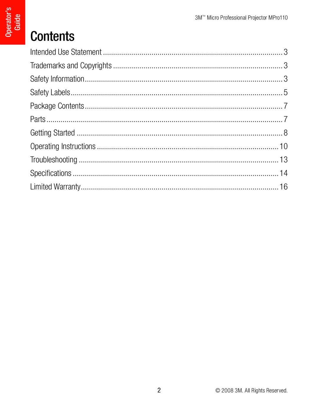 3M MPro110 manual Contents 