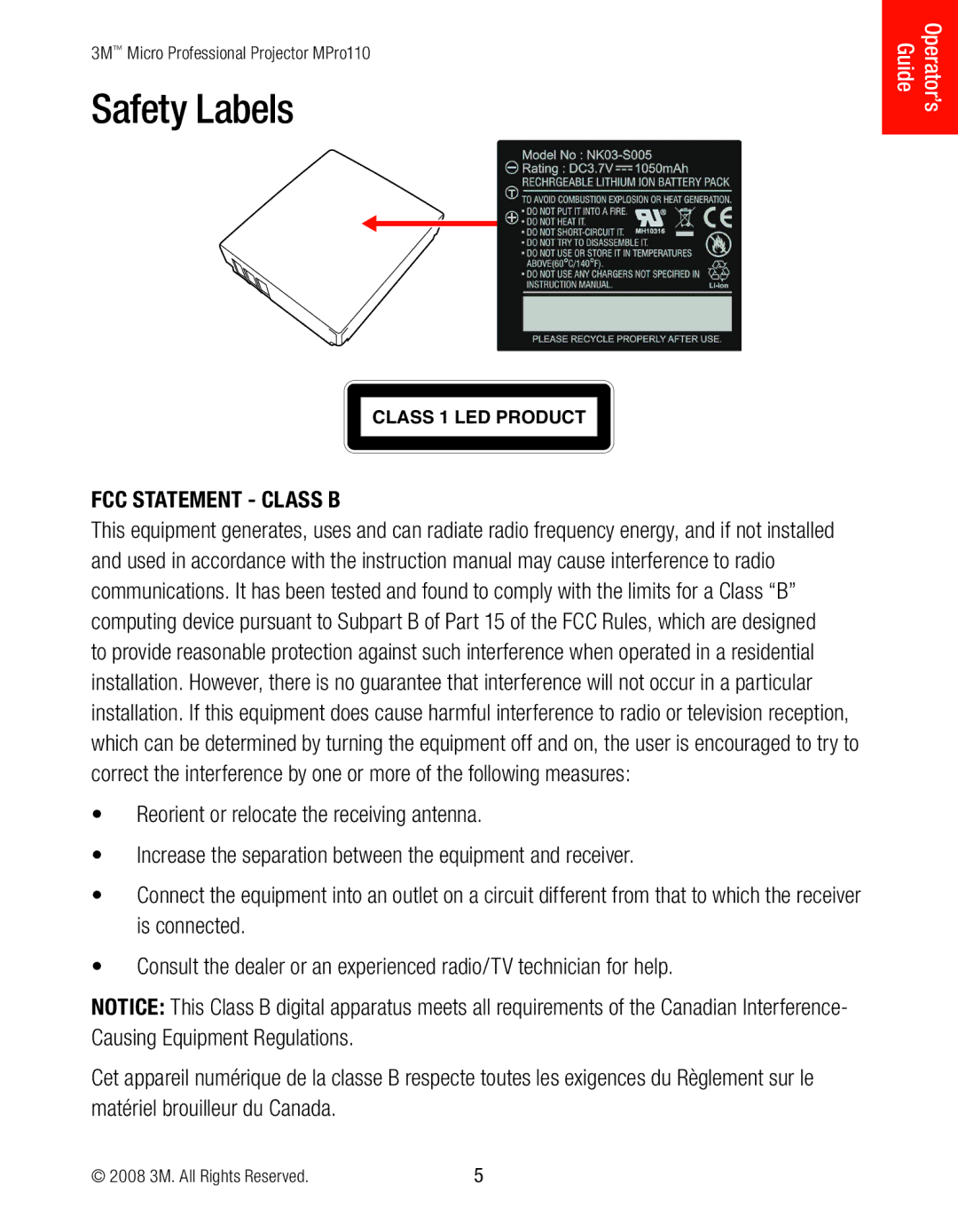 3M MPro110 manual Safety Labels, FCC Statement Class B 