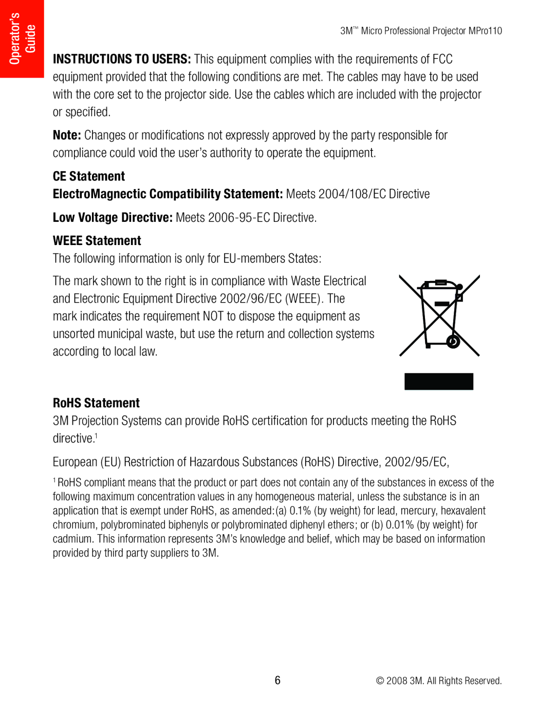 3M MPro110 manual Weee Statement, RoHS Statement 