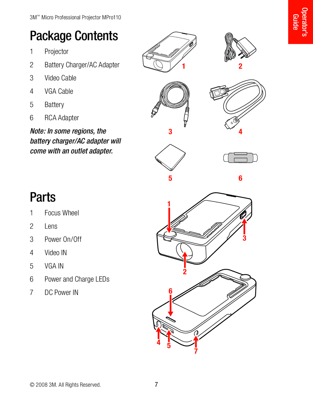 3M MPro110 manual Package Contents, Parts 