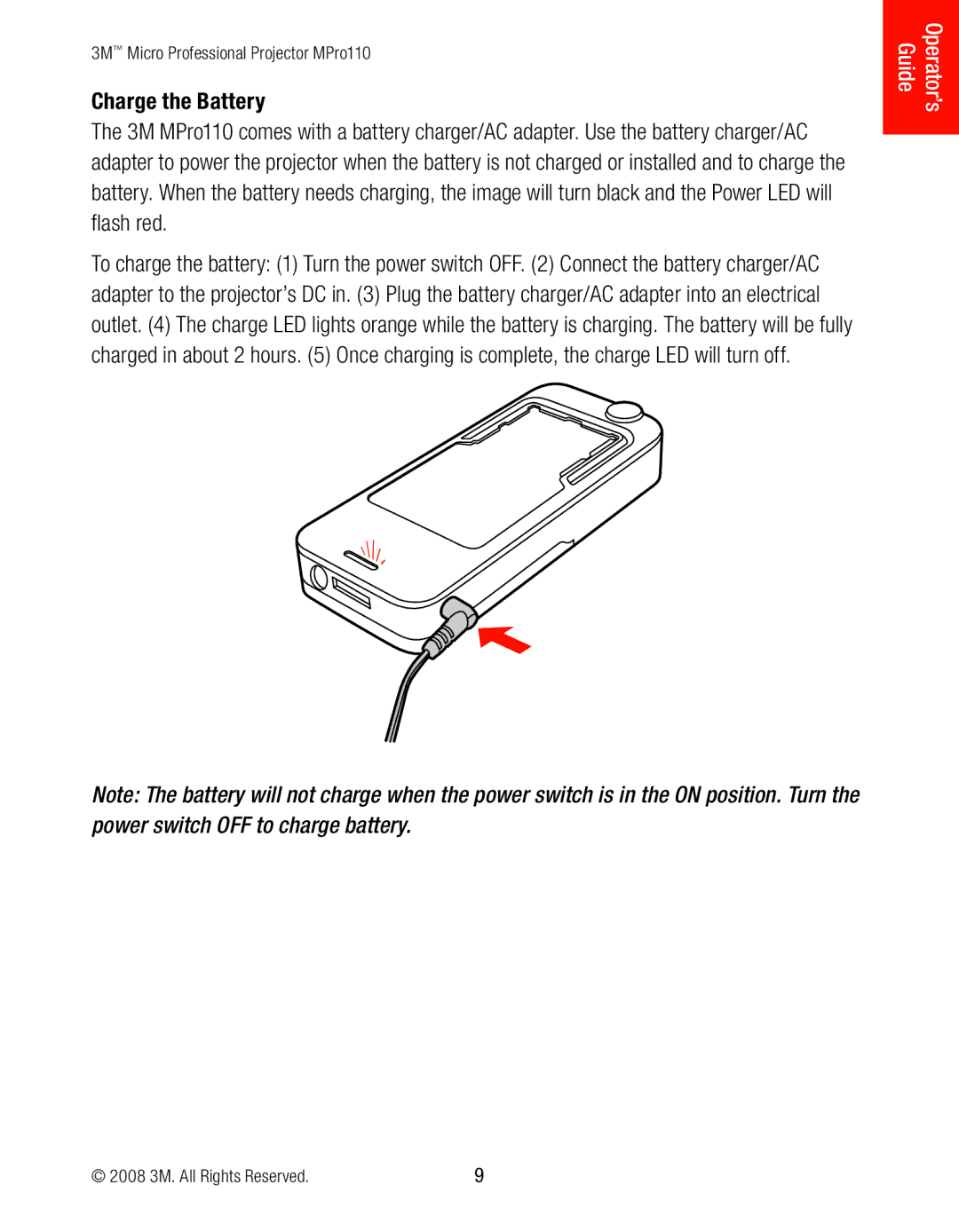 3M MPro110 manual Charge the Battery 