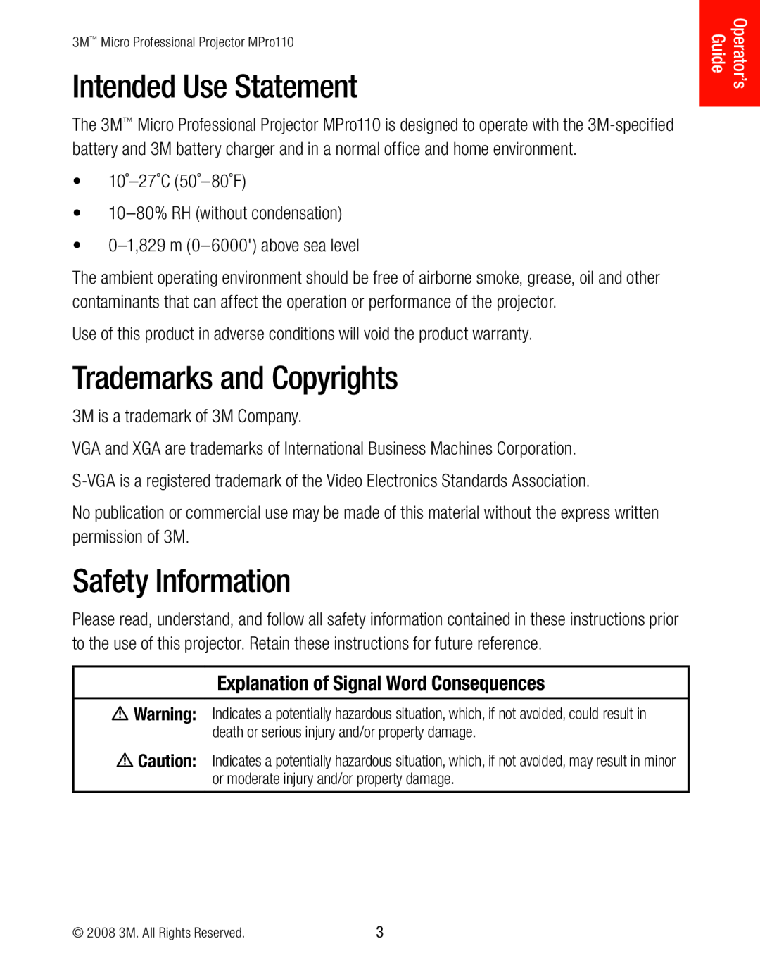 3M MPro110 Intended Use Statement, Trademarks and Copyrights, Safety Information, Explanation of Signal Word Consequences 