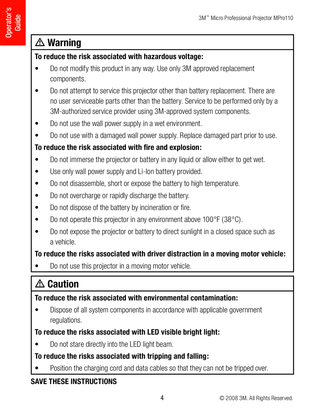 3M MPro110 manual m Warning, m Caution, To reduce the risk associated with hazardous voltage, Save These Instructions 