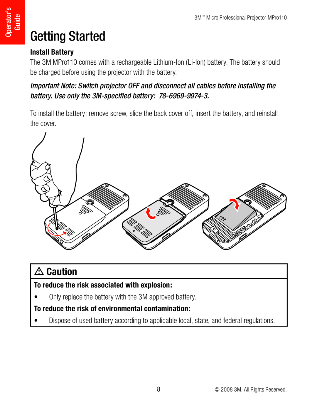 3M MPro110 manual Getting Started, Install Battery, battery. Use only the 3M-specified battery, m Caution 