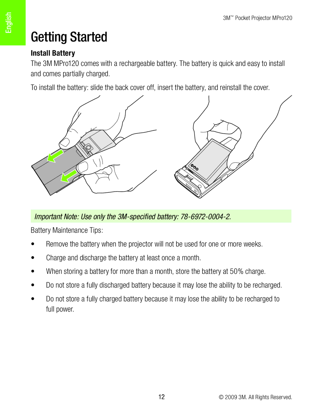 3M MPro120 manual Getting Started, Install Battery 