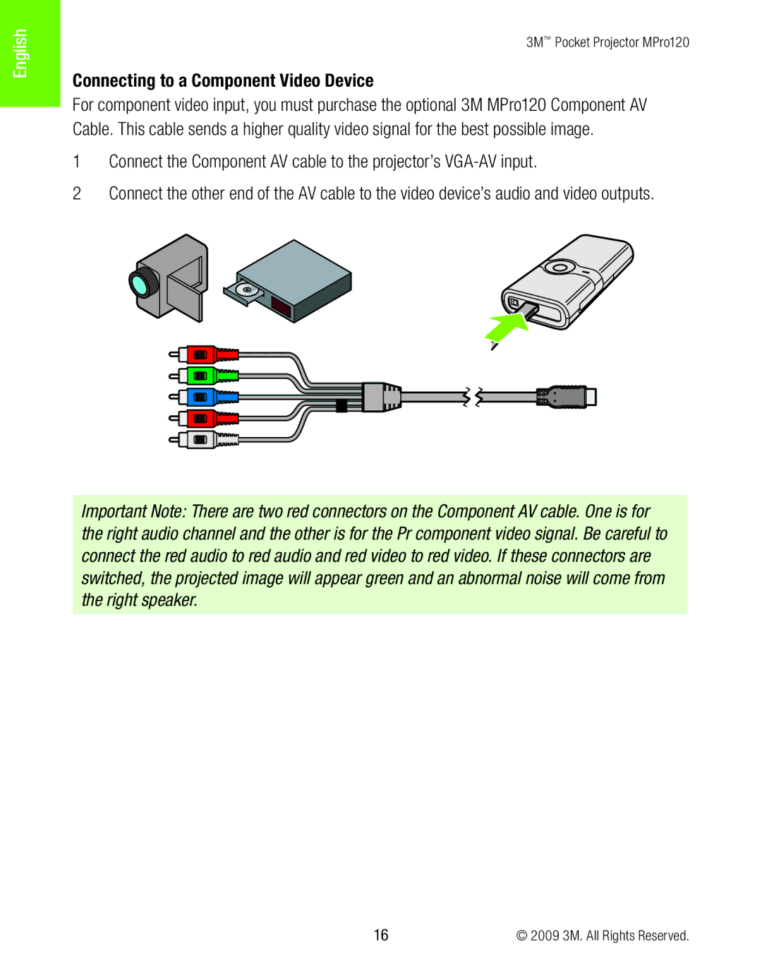 3M MPro120 manual Connecting to a Component Video Device 